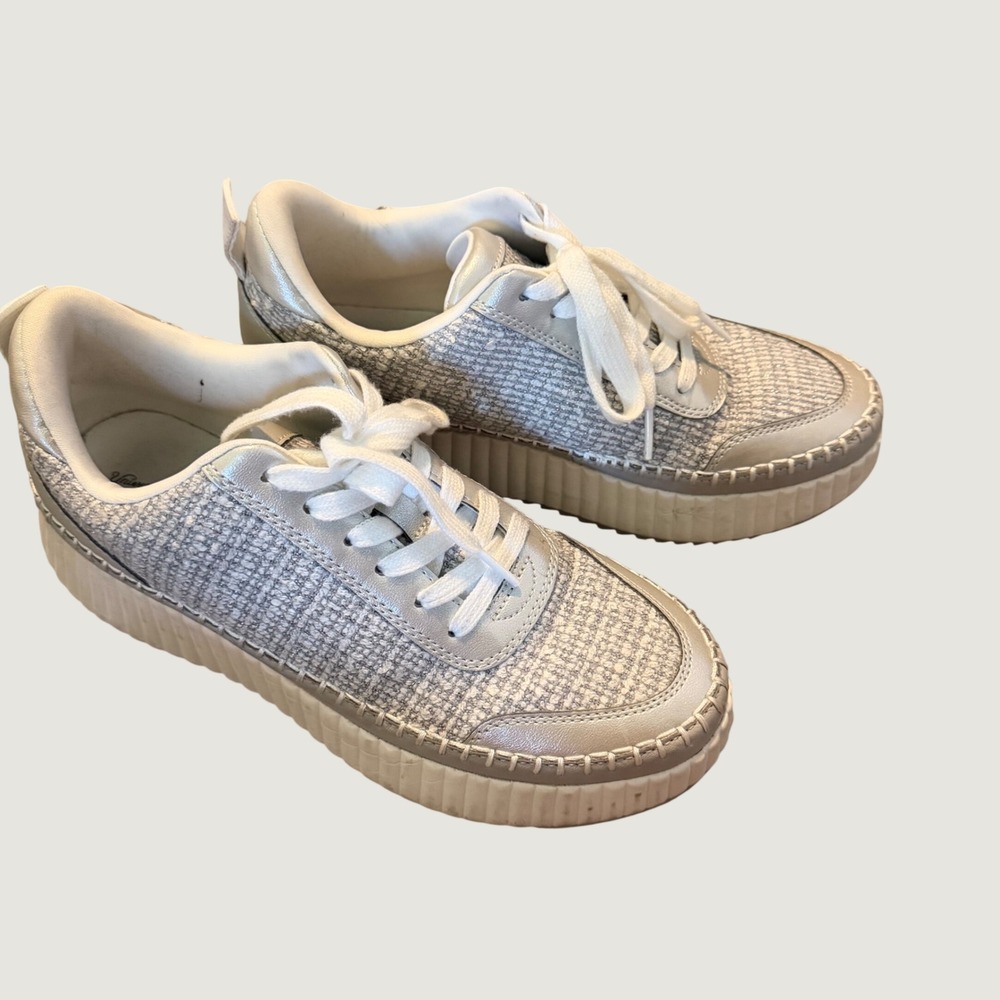 Universal Thread Platform Sneakers 8.5 Tweed Metallic Lace Up Silver White